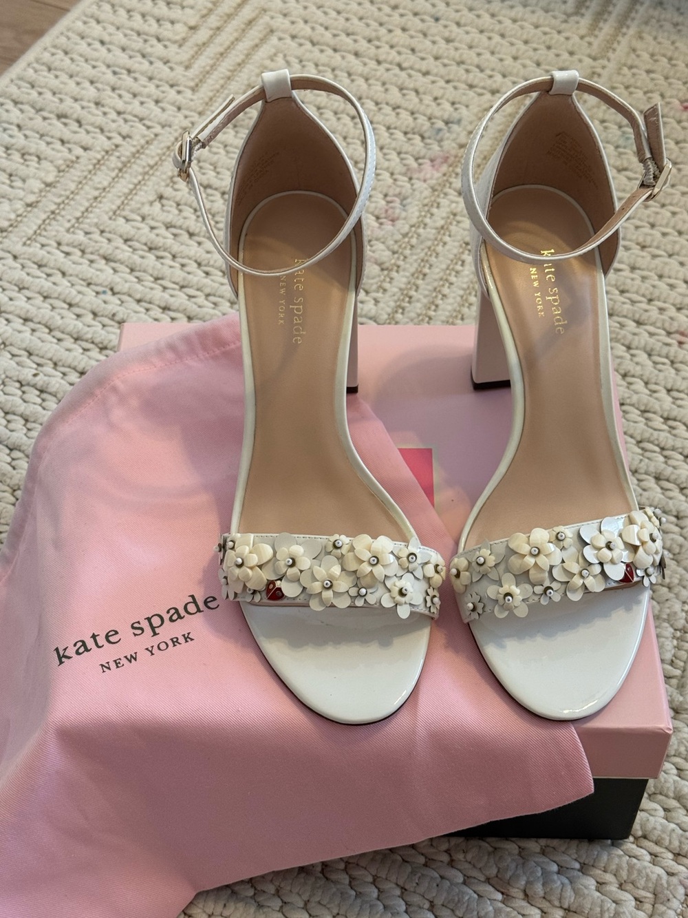 kate spade White Floral embellished Ankle-Strap Block Heels